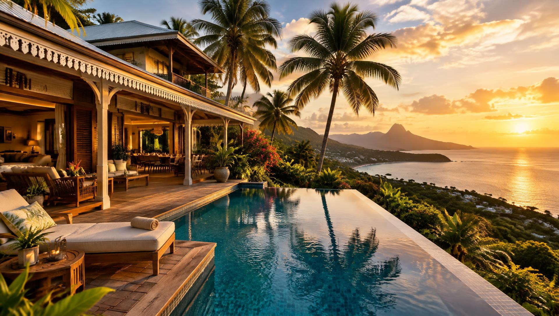 Villa créole avec piscine à débordement face à la mer des Caraïbes au coucher du soleil, Martinique